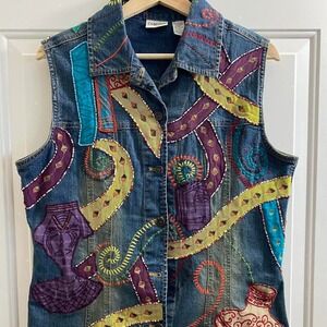 Chico's women 1 Med 8/10 denim vest embroidered beaded theatrical fun multicolor